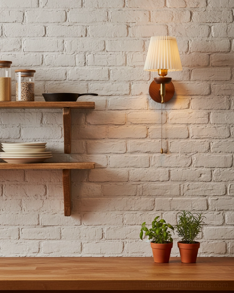 Blixen pleated wall sconce three-quarter side view against accent brick wall