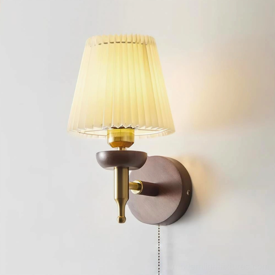Blixen wall sconce Model B walnut color and white pleated shade accent lighting
