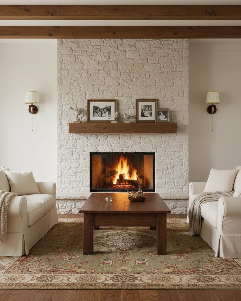 Twin Blixen wall sconces in living room with fireplace creating warm ambient lighting