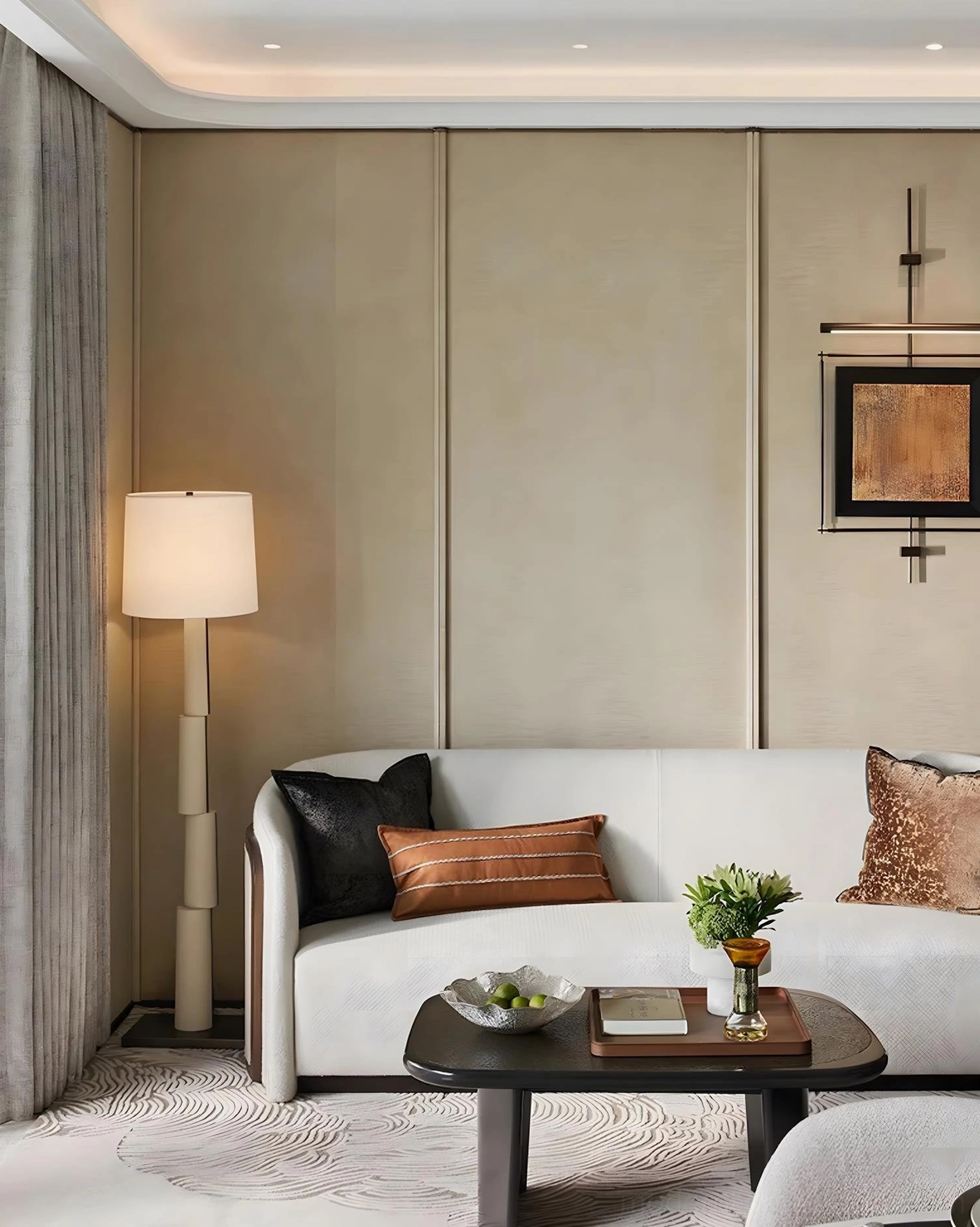 Geometric block floor lamp positioned beside white fabric sofa in beige modern living room - contemporary minimalist interior