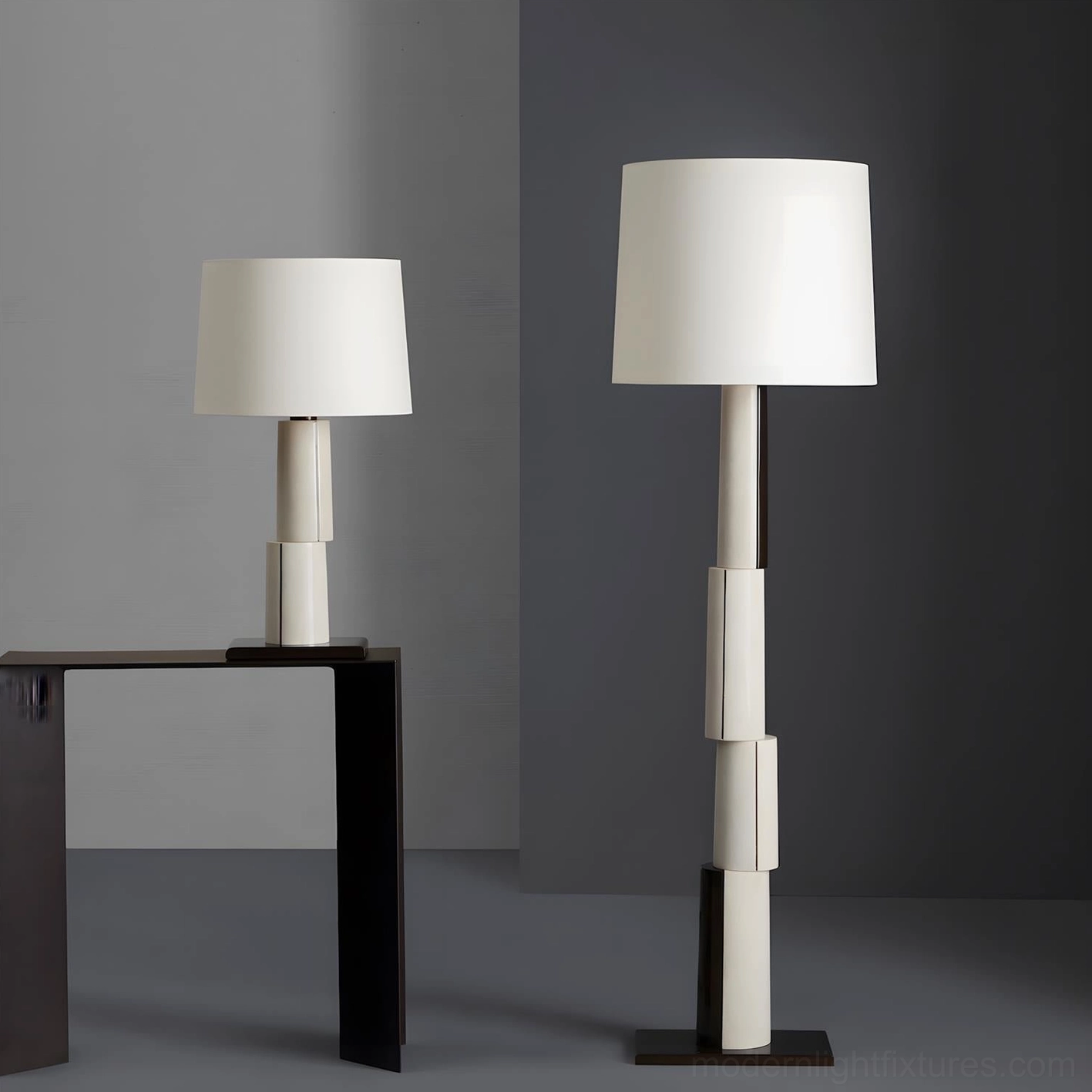 Modern block floor lamp and matching table lamp with two-tone white and dark brown segmented design - coordinated minimalist lighting set