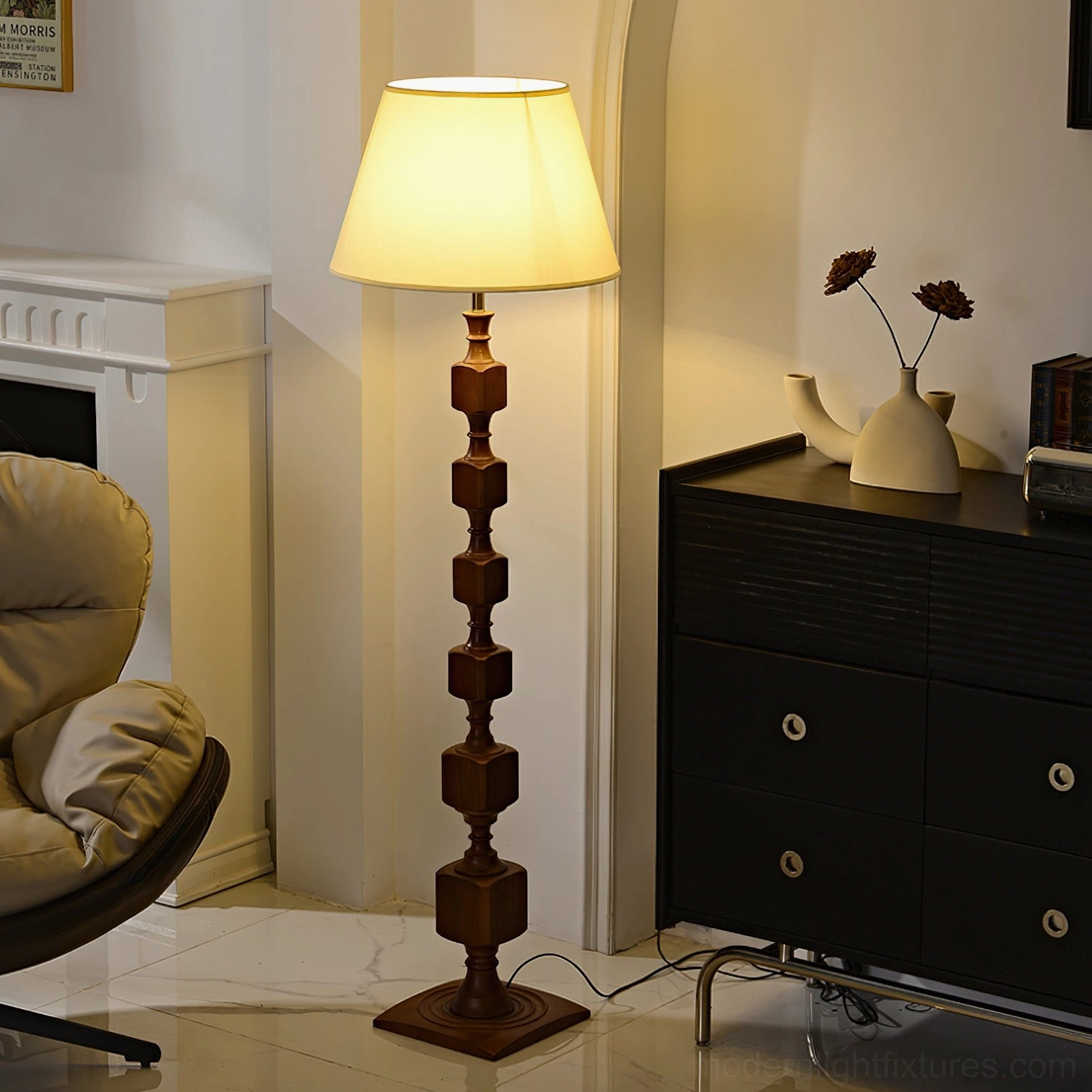 Blockora stacked wooden floor lamp with geometric cubic forms and square wooden base in contemporary living room setting, architectural focal point