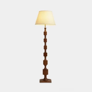 Blockora stacked wood floor lamp with cream fabric shade on white background, showcasing architectural cubic wooden construction and modern minimalist design