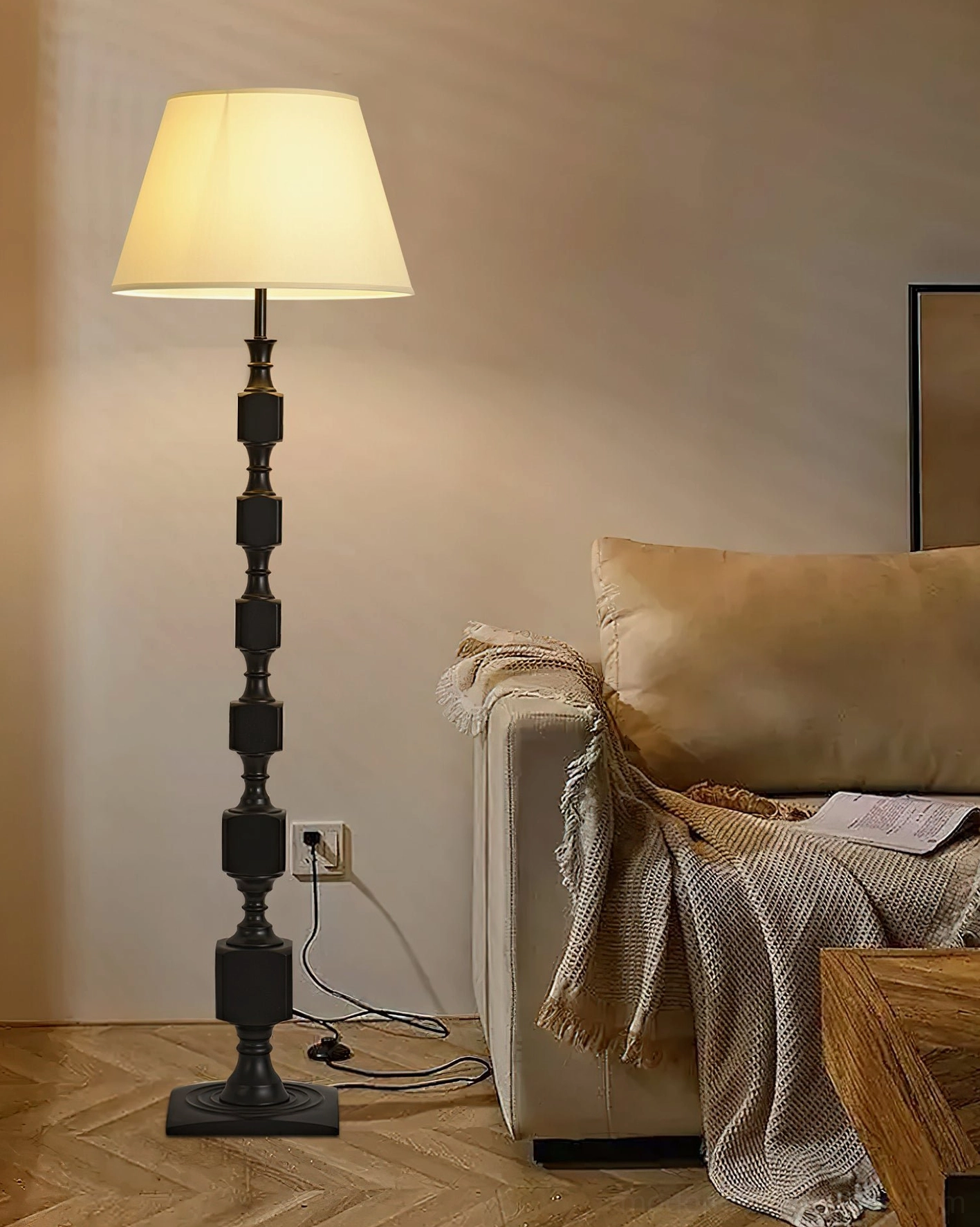 Blockora floor lamp styling with dark furniture backdrop, showing color contrast and versatile design integration in modern home decor