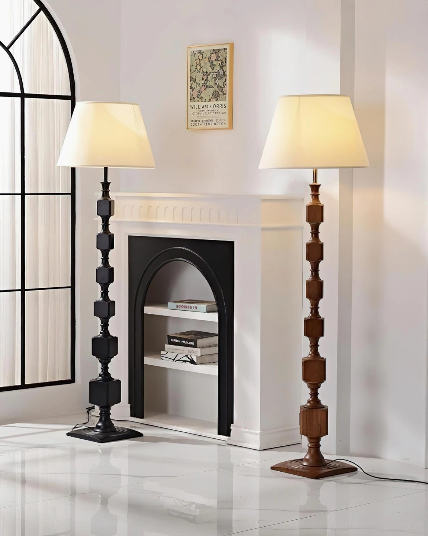 Matching pair of Blockora floor lamps in black and walnut brown in vintage retro living room with fireplace, demonstrating versatile styling options