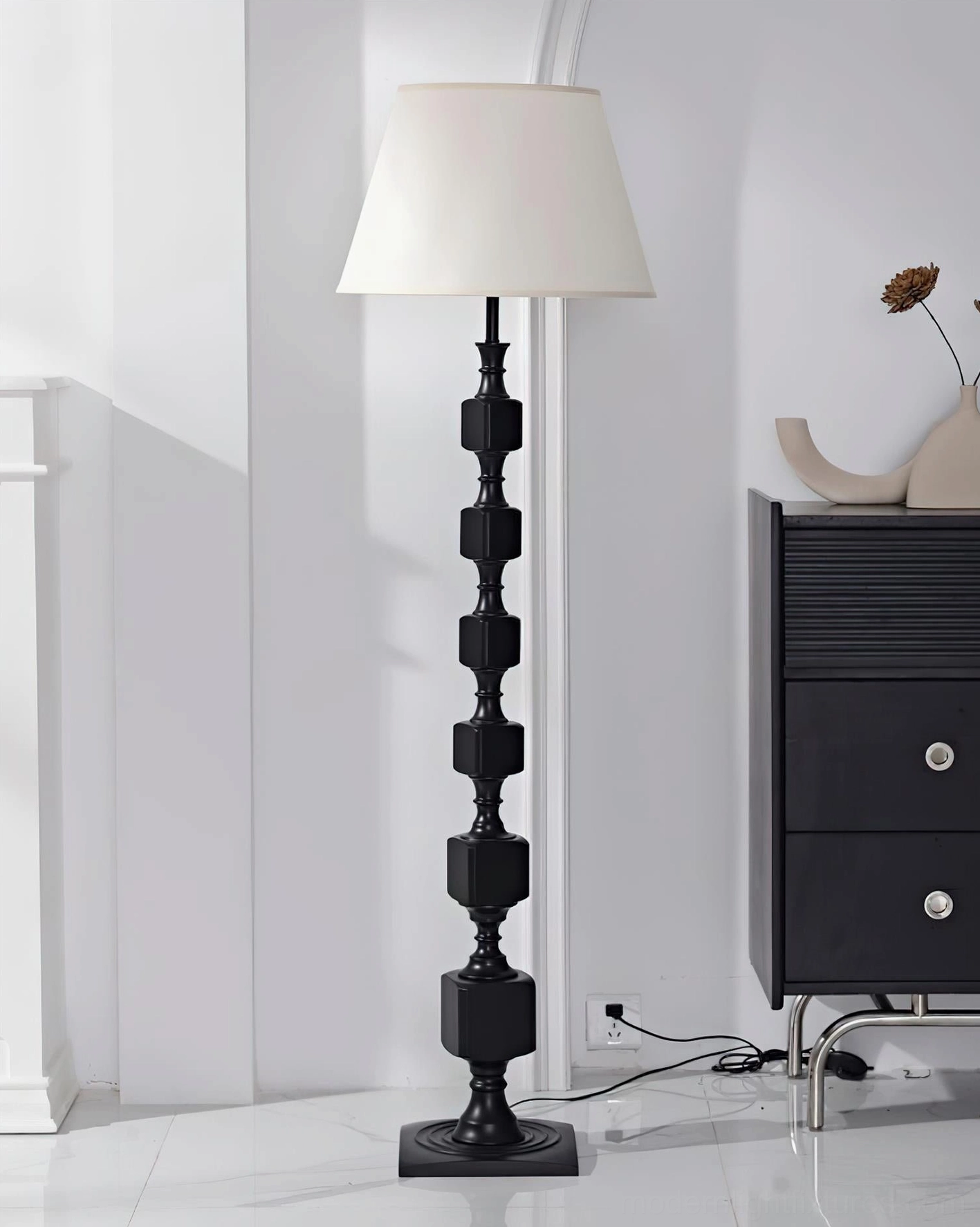 Close-up detail of Blockora floor lamp's stacked cubic wooden construction and craftsmanship, showing natural wood grain and material quality