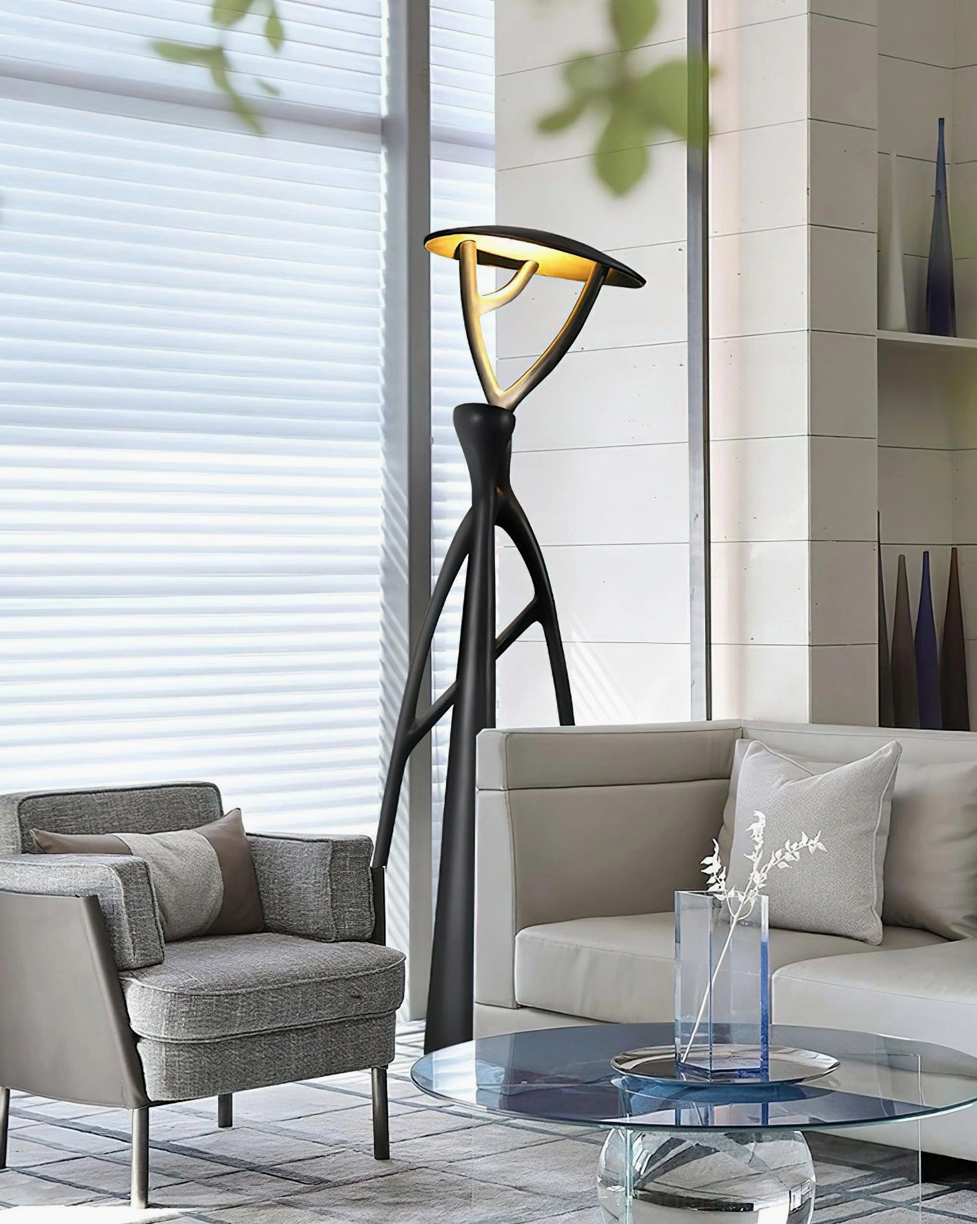 Blonski artistic floor lamp three-quarter view in formal living room, matte black organic sculptural form