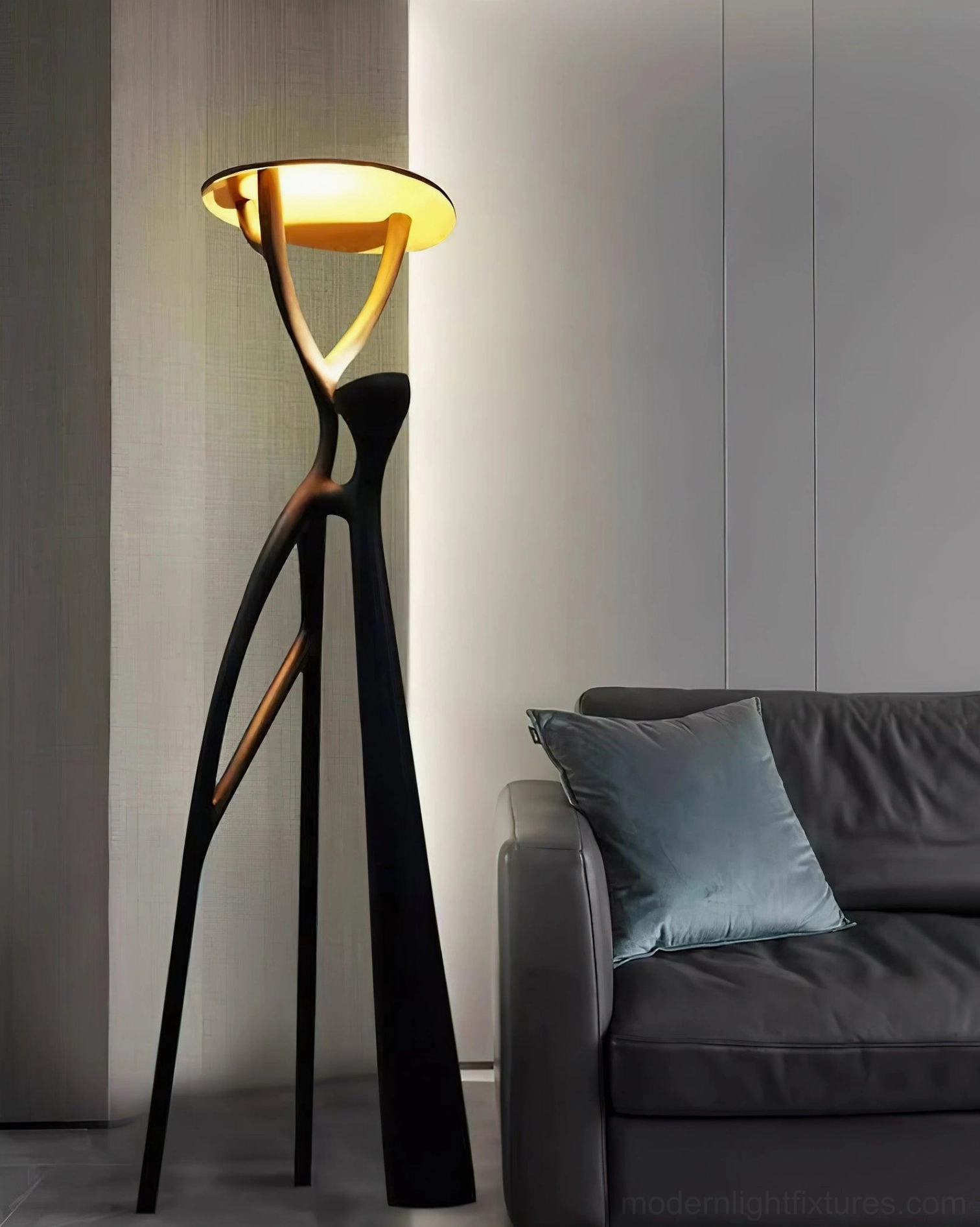 Blonski sculptural floor lamp in transition space between rooms, architectural focal point lighting