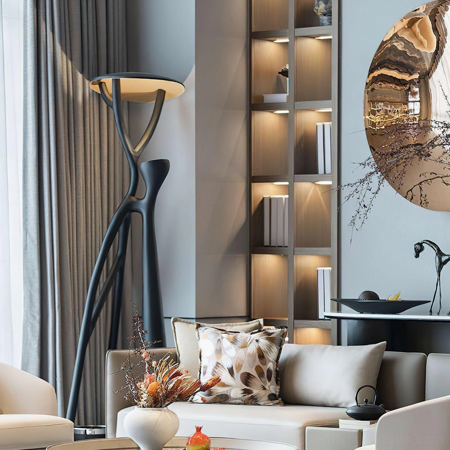Blonski artistic floor lamp side perspective in luxury minimalist living room, sculptural matte black frame