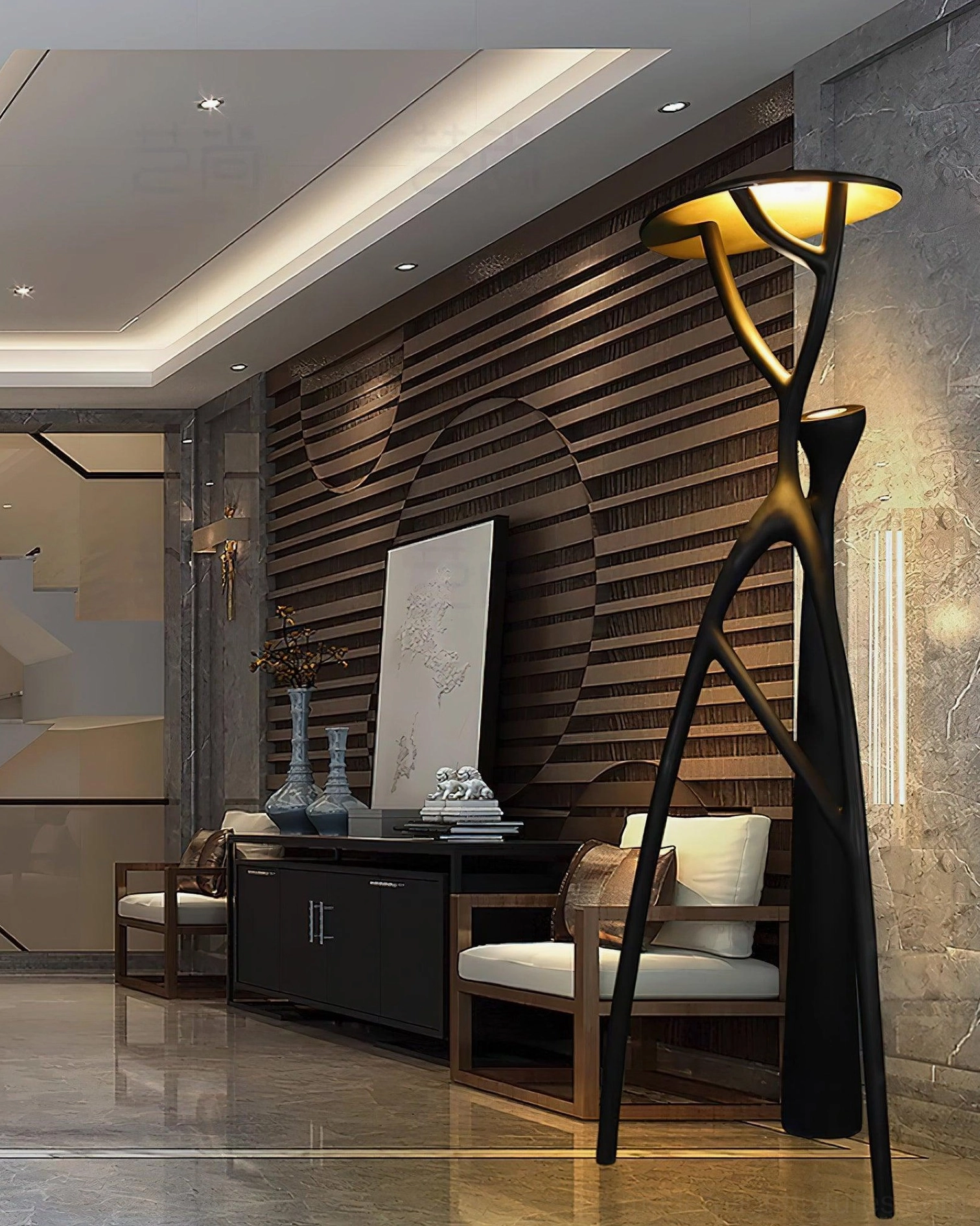 Blonski floor lamp detail of matte black fiberglass organic sculptural form, premium materials