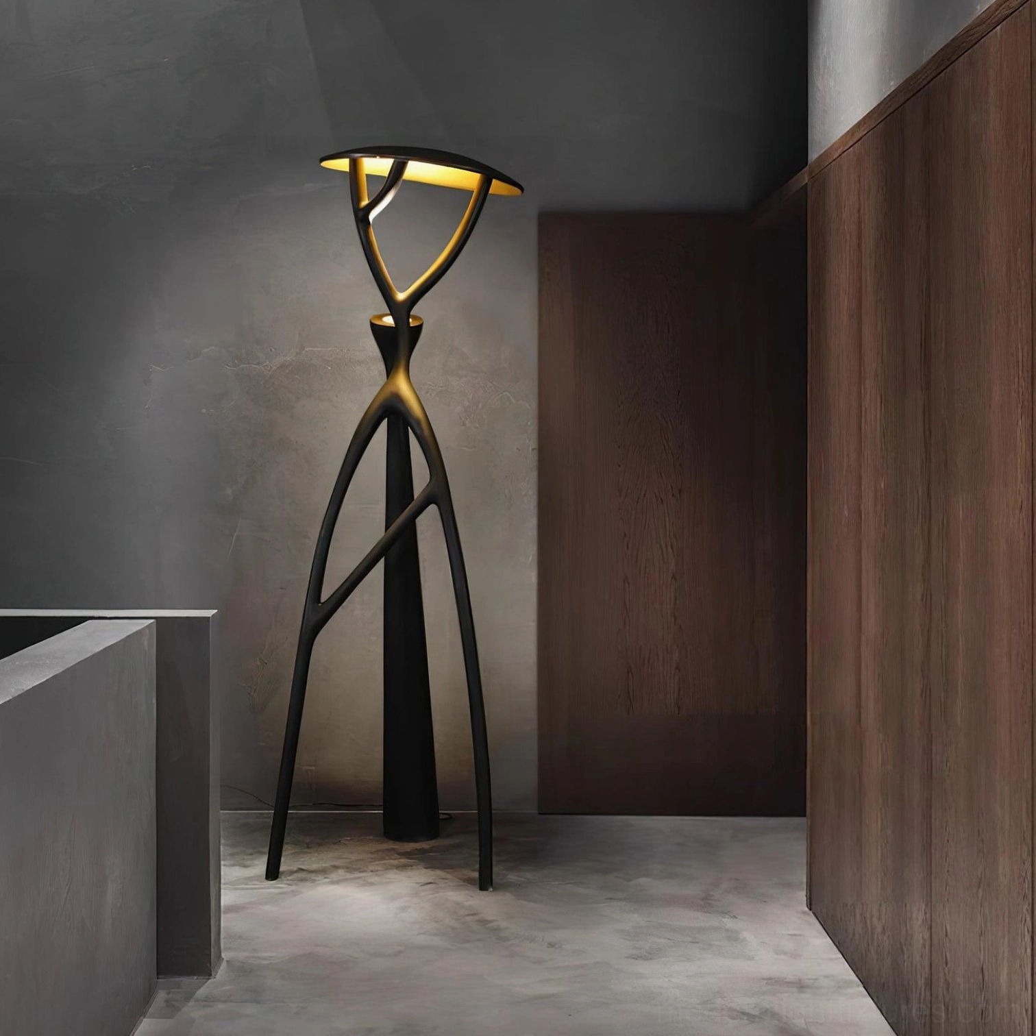 Blonski sculptural floor lamp in modern minimalist hallway, warm ambient lighting, contemporary architecture