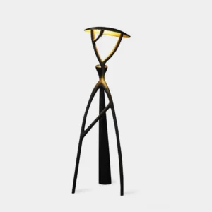 Blonski modern sculptural floor lamp with integrated LED, matte black fiberglass, front studio view on white background