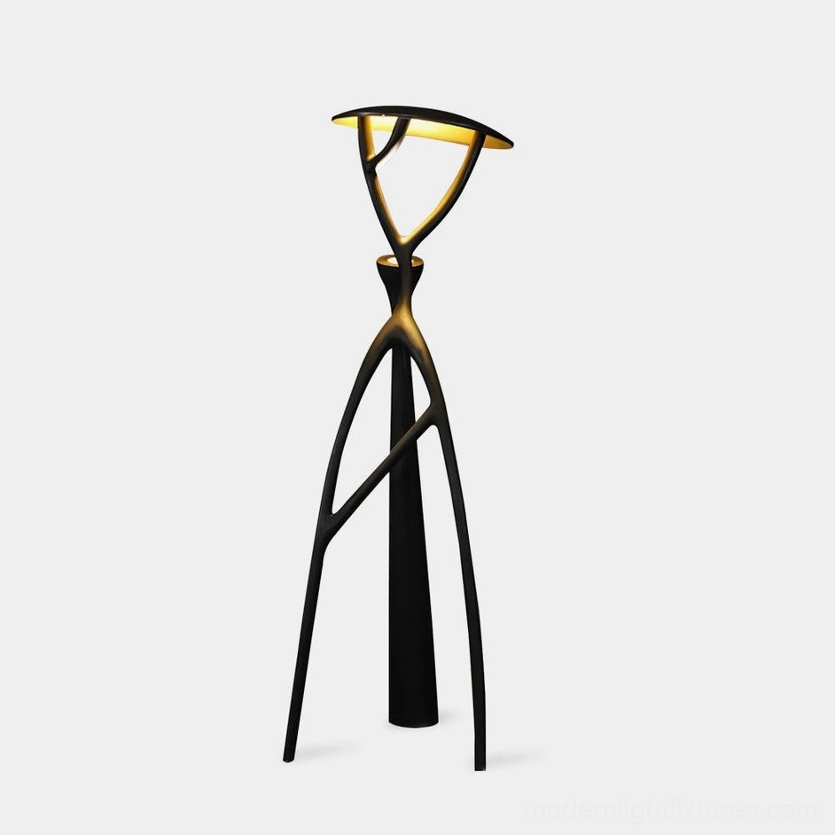 Blonski modern sculptural floor lamp with integrated LED, matte black fiberglass, front studio view on white background