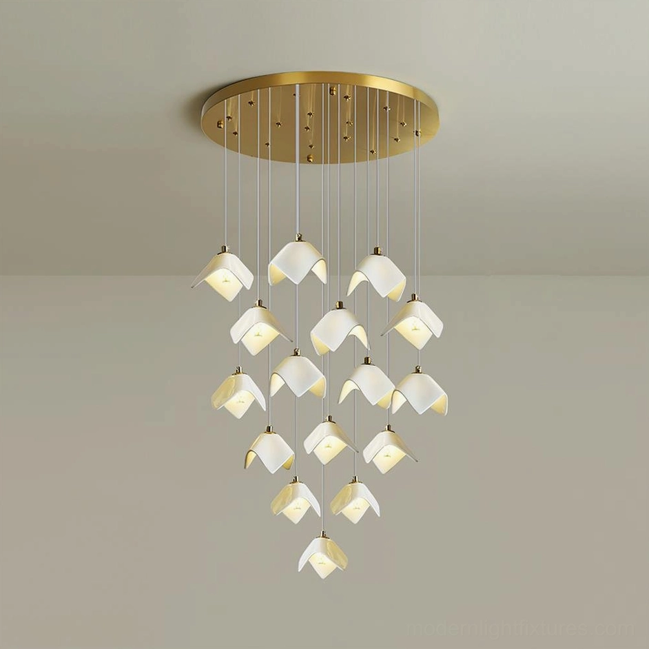 Cascading bloom chandelier detail showcasing gold metal framework and hand-finished ceramic shades craftsmanship
