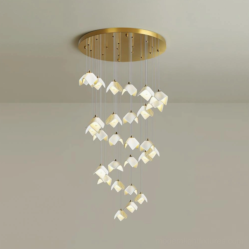 Cascading bloom floral chandelier showing layered ceramic shades transitioning from narrow to wide configuration