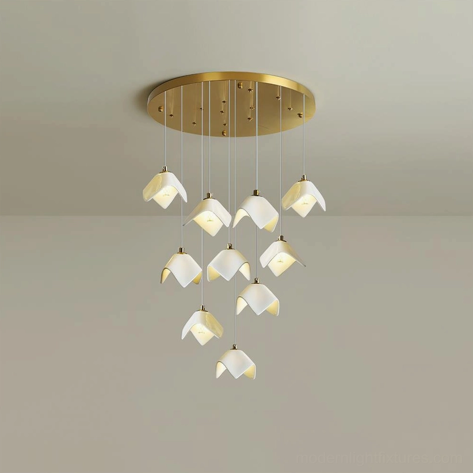 Cascading bloom floral chandelier showing transition from tight cluster to cascading bell arrangement