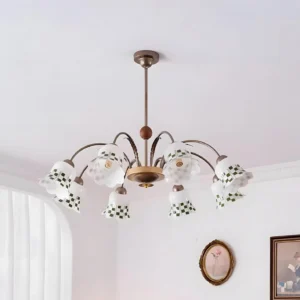 Bloom garden floral chandelier lighting an elegant vintage room with botanical wall art and retro furnishings