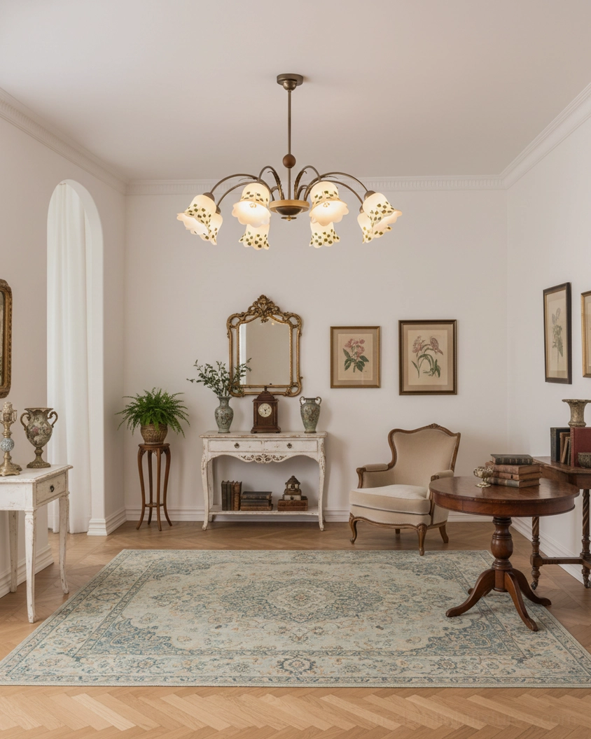 Bloom garden vintage chandelier fixture in French-style formal sitting room with ornate wall art