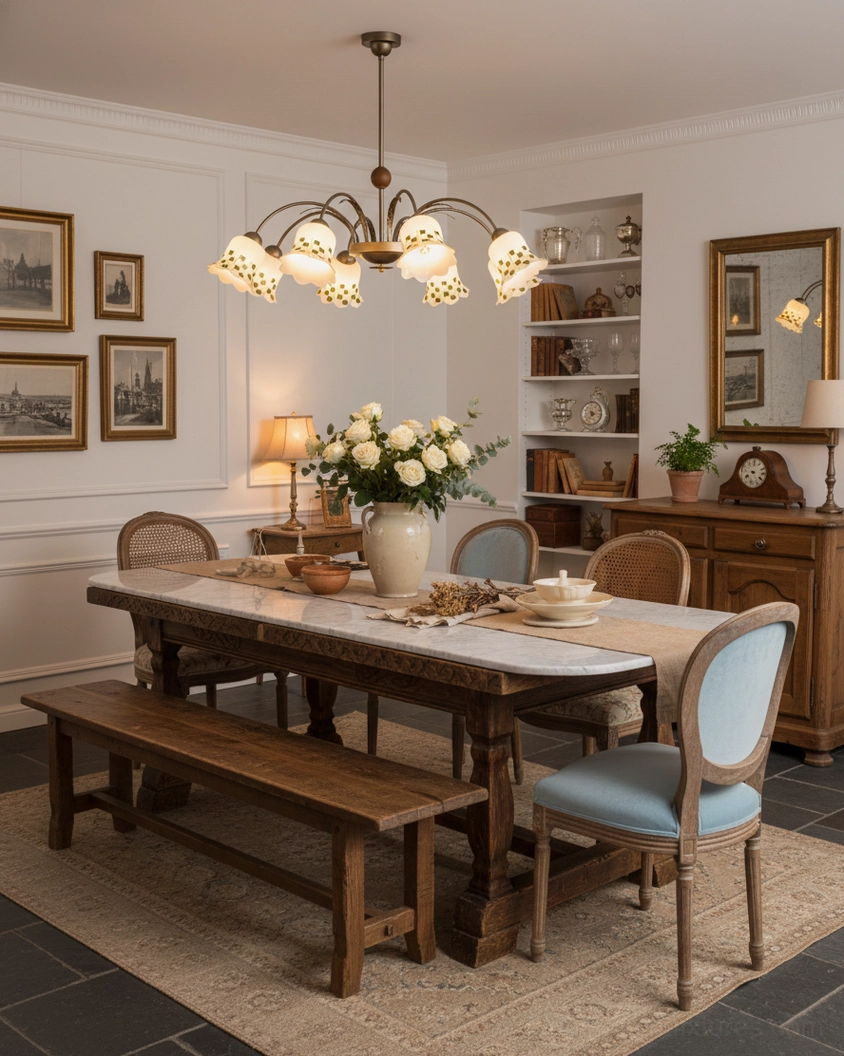 Floral garden chandelier suspended over wooden dining table and bench in vintage dining room setting