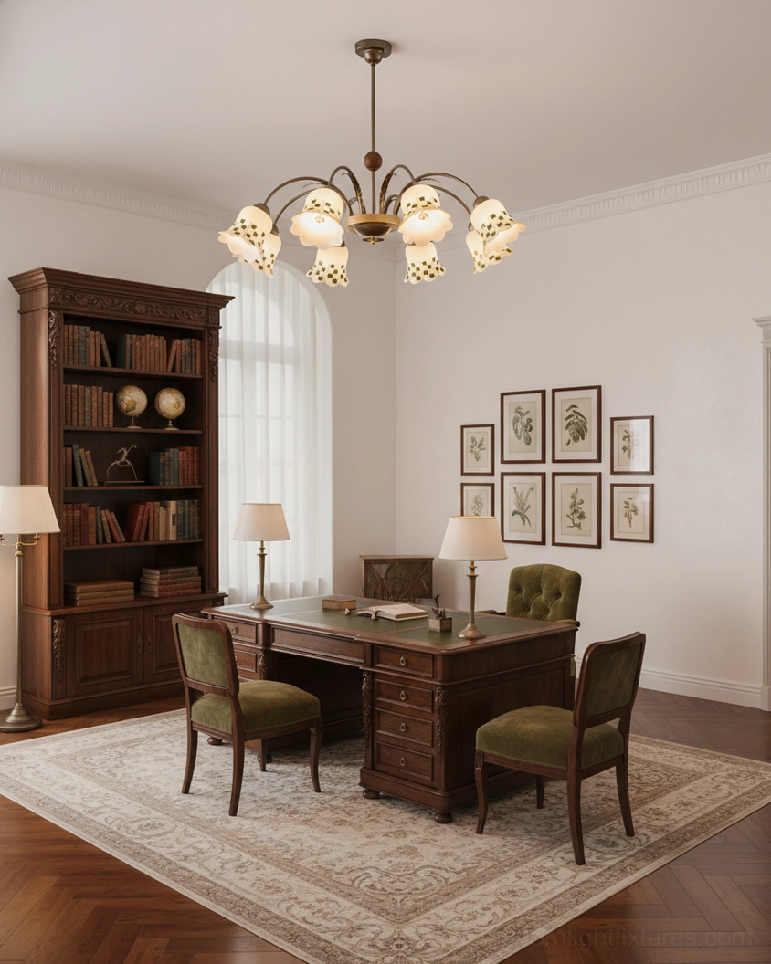 Vintage bloom garden chandelier in traditional home office study with warm glass shades and wooden décor