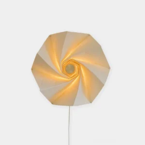 Bloom modern adjustable wall sconce with spiral origami-inspired beige fabric shade, unlit front view