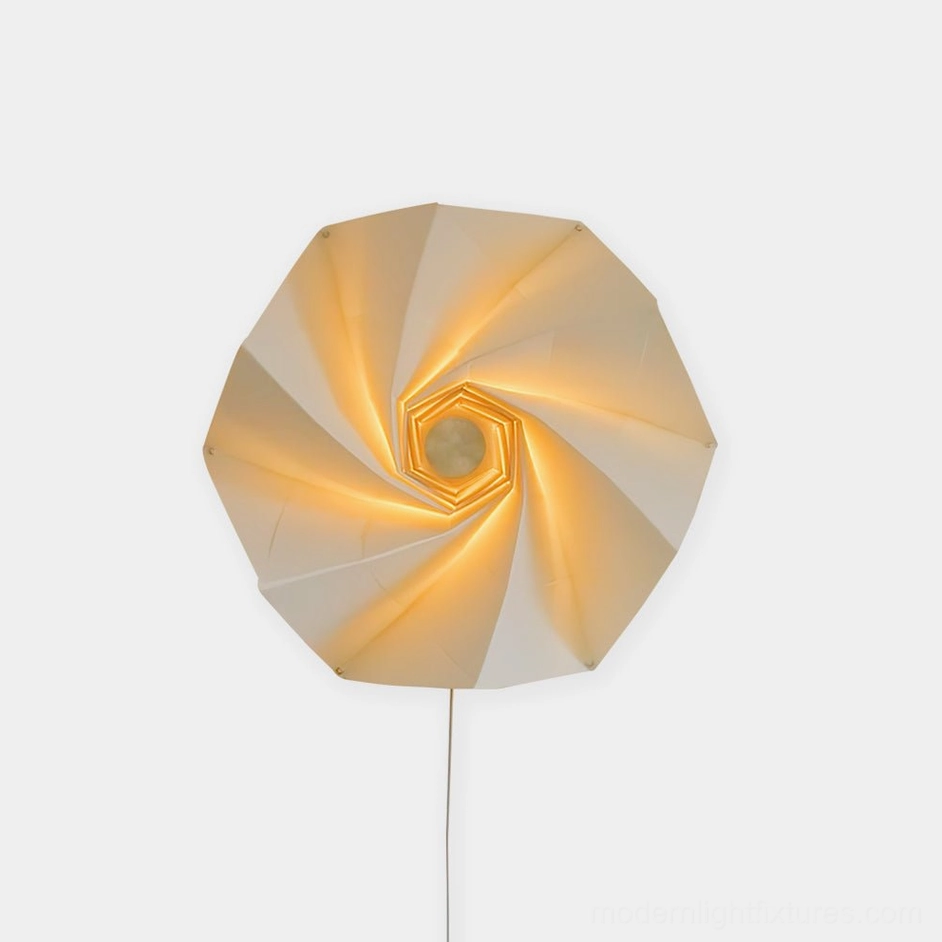 Bloom modern adjustable wall sconce with spiral origami-inspired beige fabric shade, unlit front view