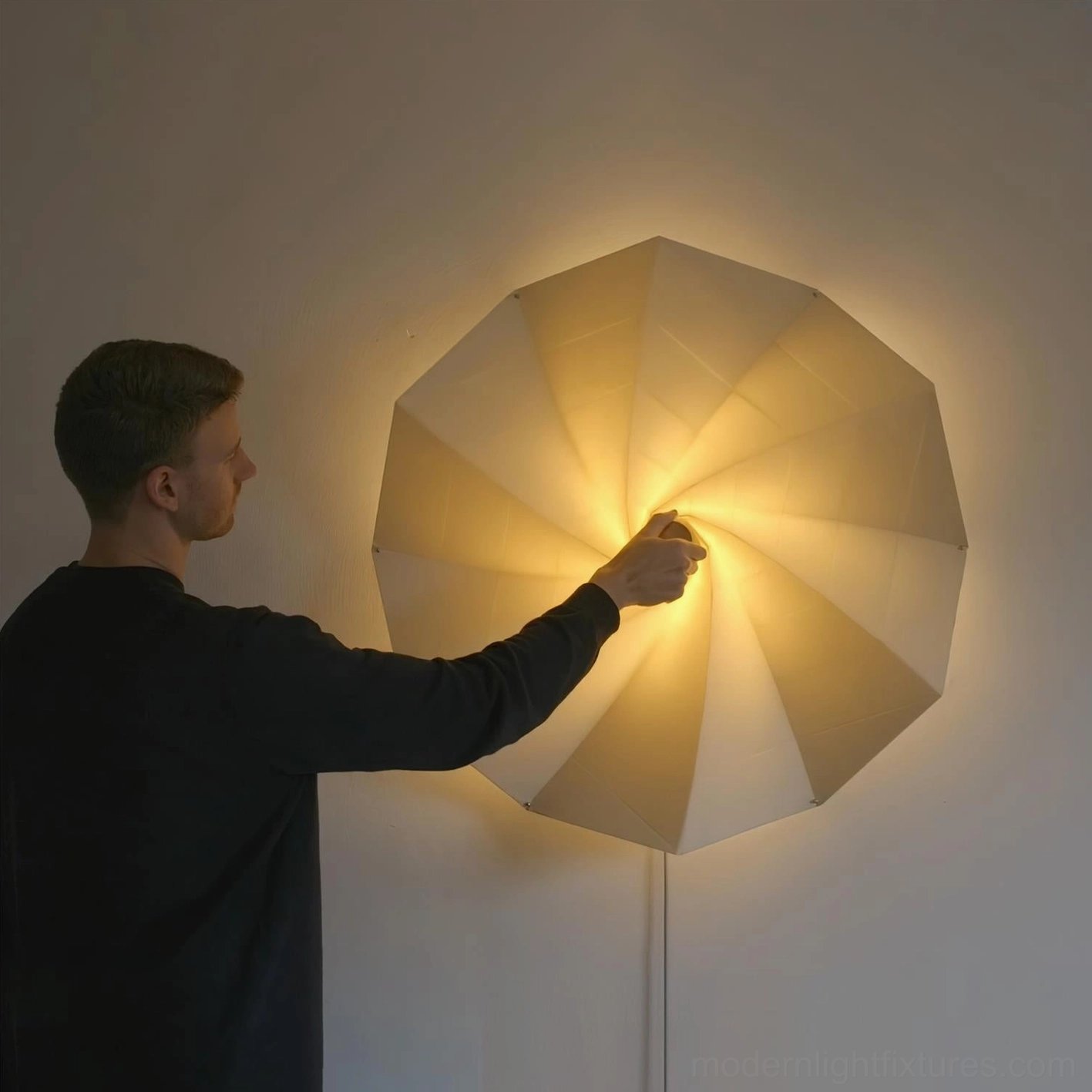 Bloom modern sculptural wall lighting fixture installed as focal point in minimalist bedroom environment
