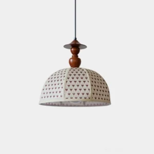 Bloomery floral fabric pendant lamp with dome shade and wooden suspension hardware, front overhead view