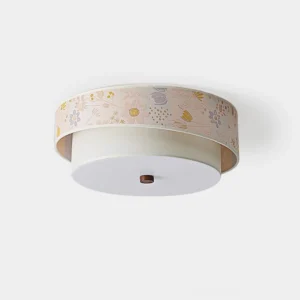 Bloomfield floral ceiling light with embroidered fabric shade and wooden accent detail, front view studio photography