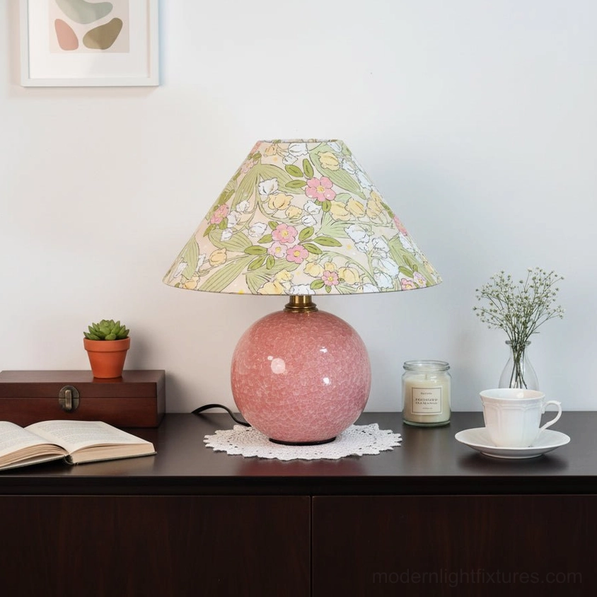Bloomora ceramic table lamp base detail showing glossy pink finish and metal hardware craftsmanship