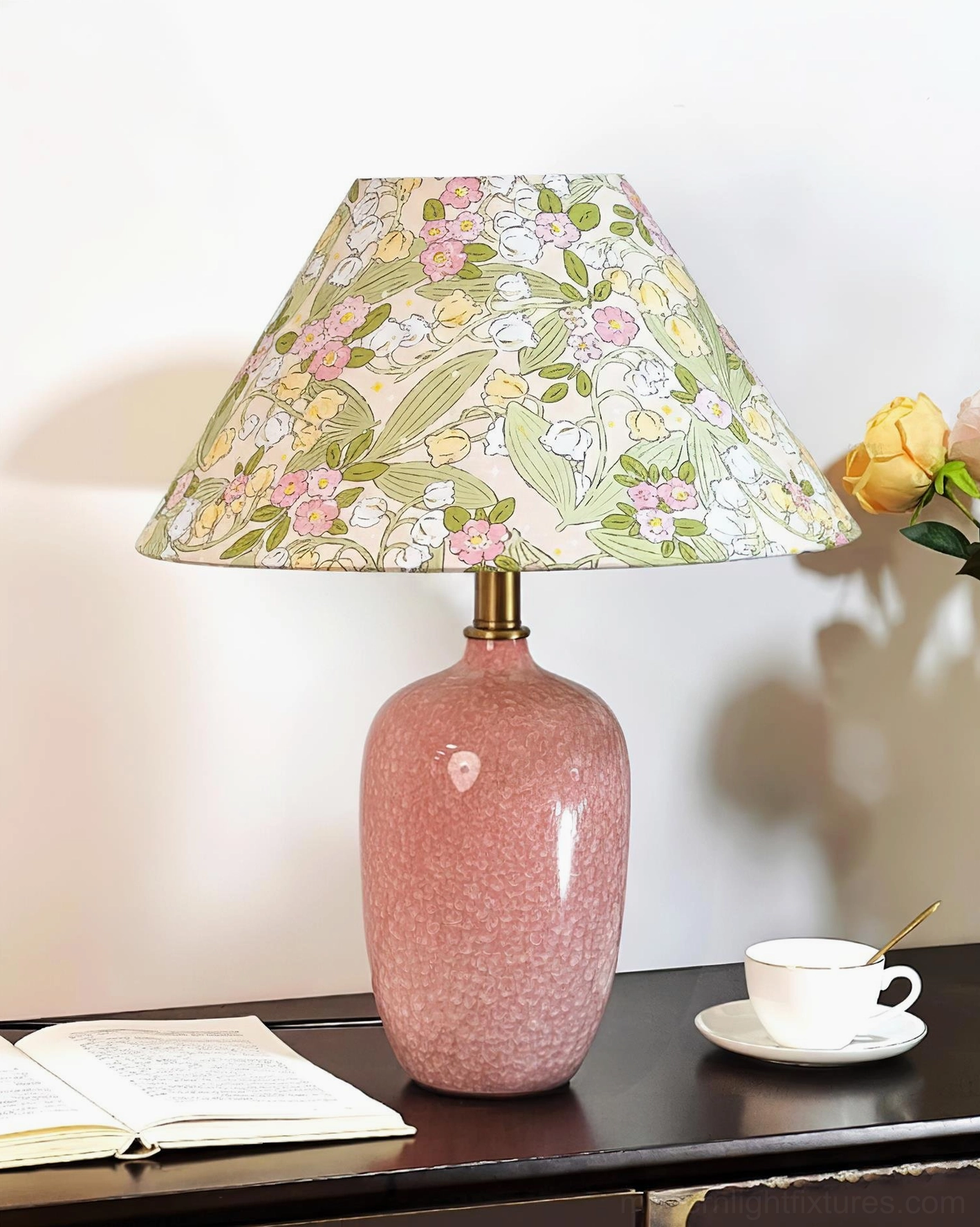 Bloomora ceramic table lamp with floral printed shade, contemporary romantic design, home lighting solution