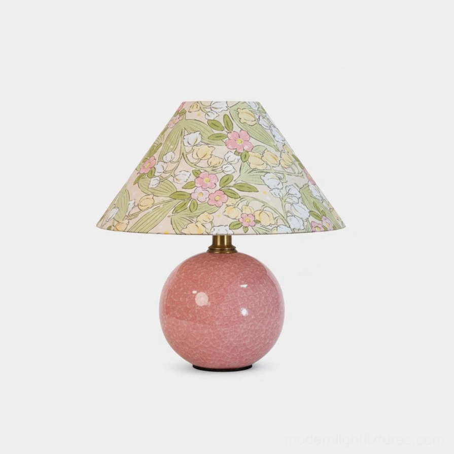 Bloomora ceramic table lamp with floral fabric shade, glossy pink base, front view on white background