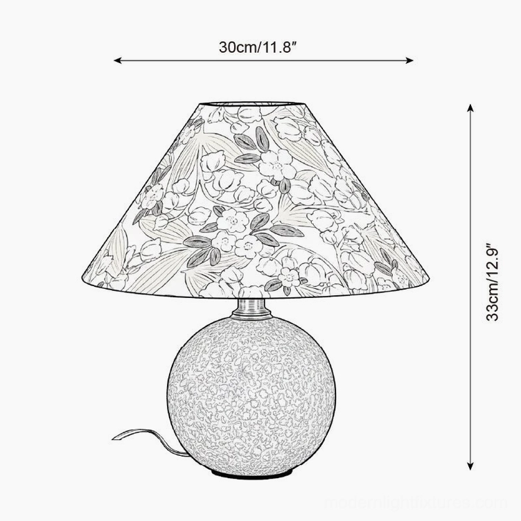 Bloomora Model A ceramic table lamp technical specification drawing, 30cm width by 33cm height