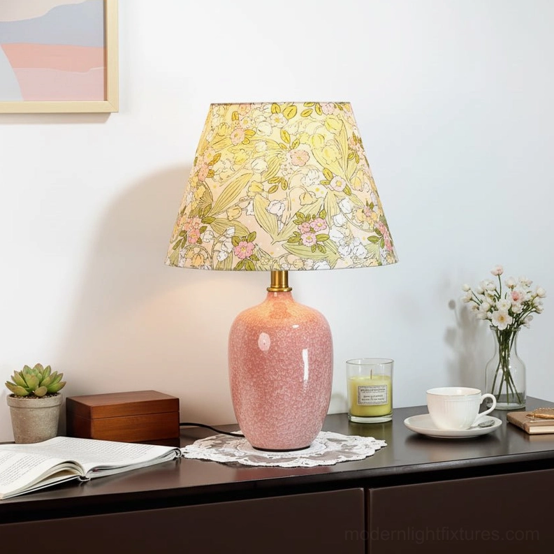 Bloomora Model C table lamp statement size, 35cm width, console table display with botanical fabric shade
