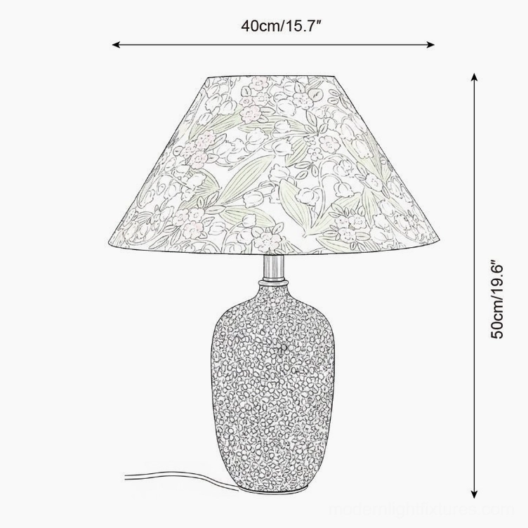 Bloomora Model D ceramic table lamp technical specification drawing, 40cm width by 50cm height