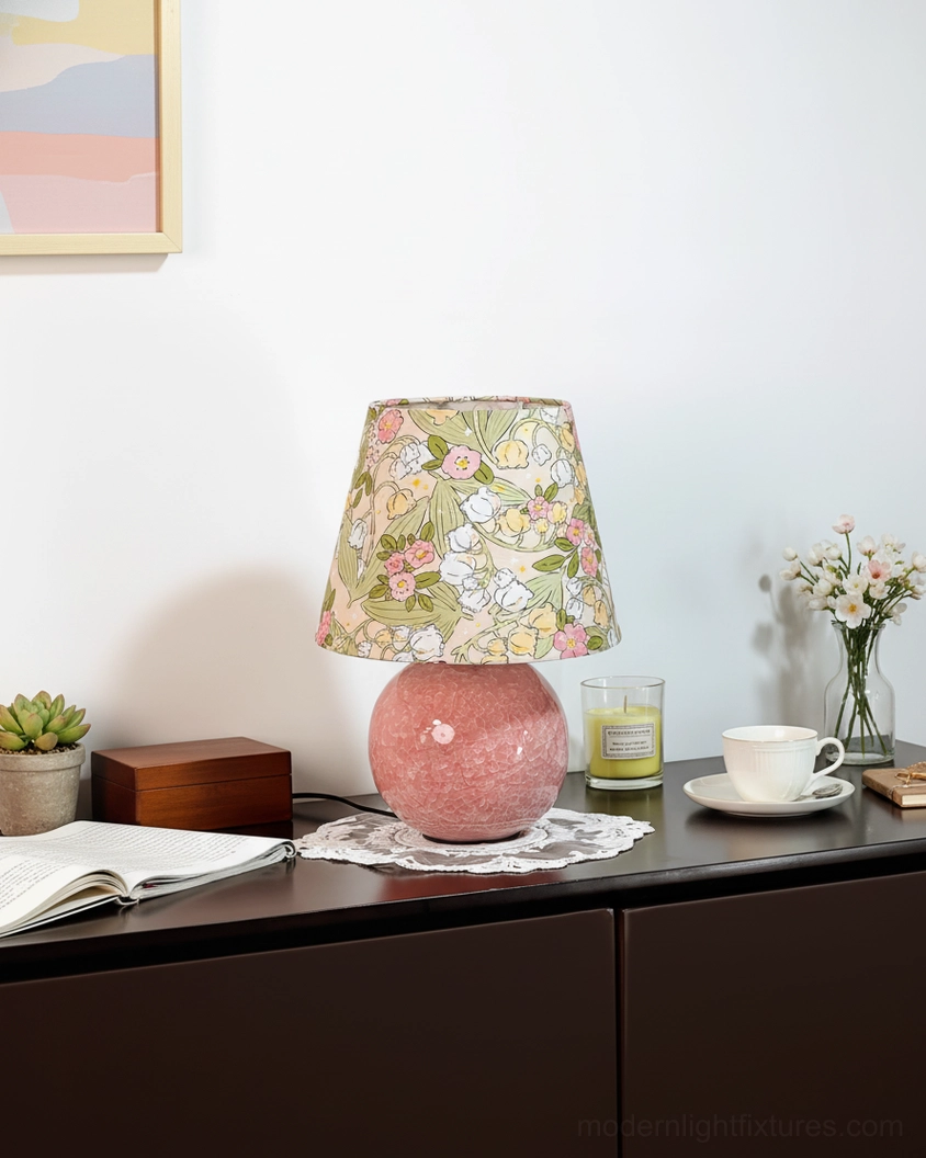 Bloomora table lamp with botanical fabric shade displayed on home furniture, romantic garden-inspired design