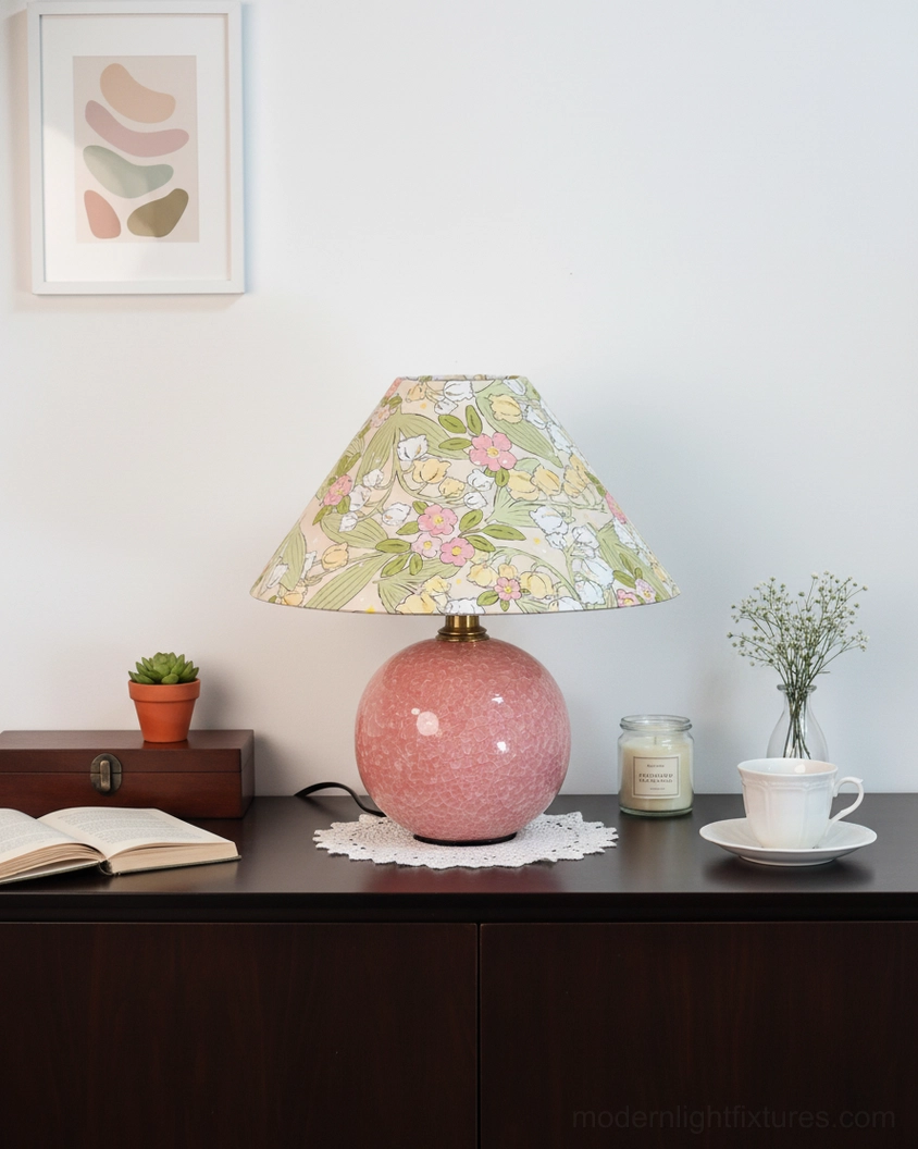 Bloomora table lamp lifestyle photography showing floral shade design and warm glow in contemporary home setting