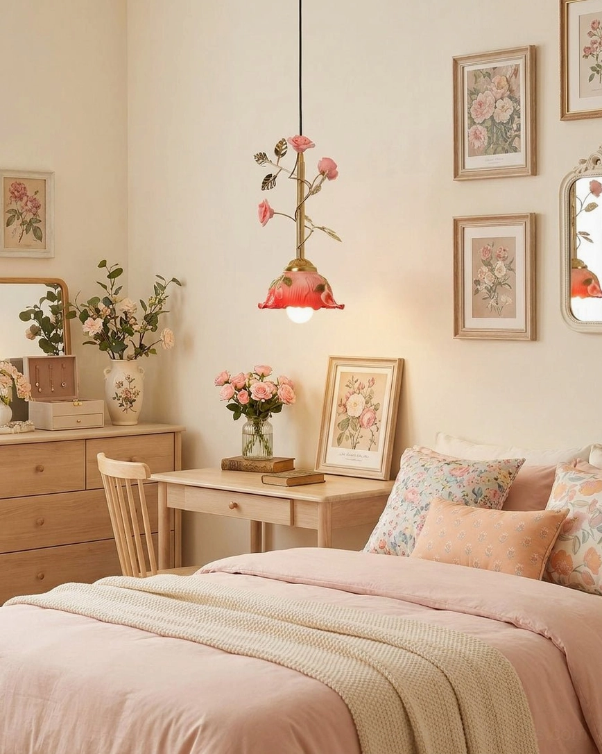Rose branch pendant light in feminine bedroom with gallery wall of floral art and vintage furnishings