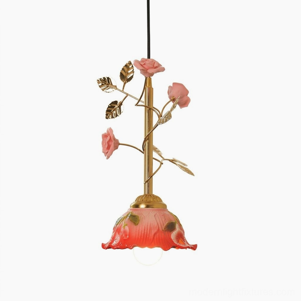 Bloomvelle pendant light in brass gold and coral pink ceramic roses for bedroom or entryway