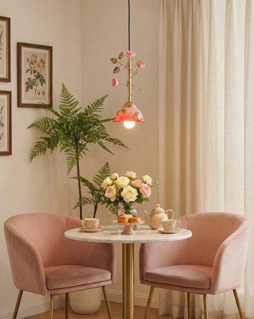 Botanical pendant light in small home dining corner surrounded by potted green plants