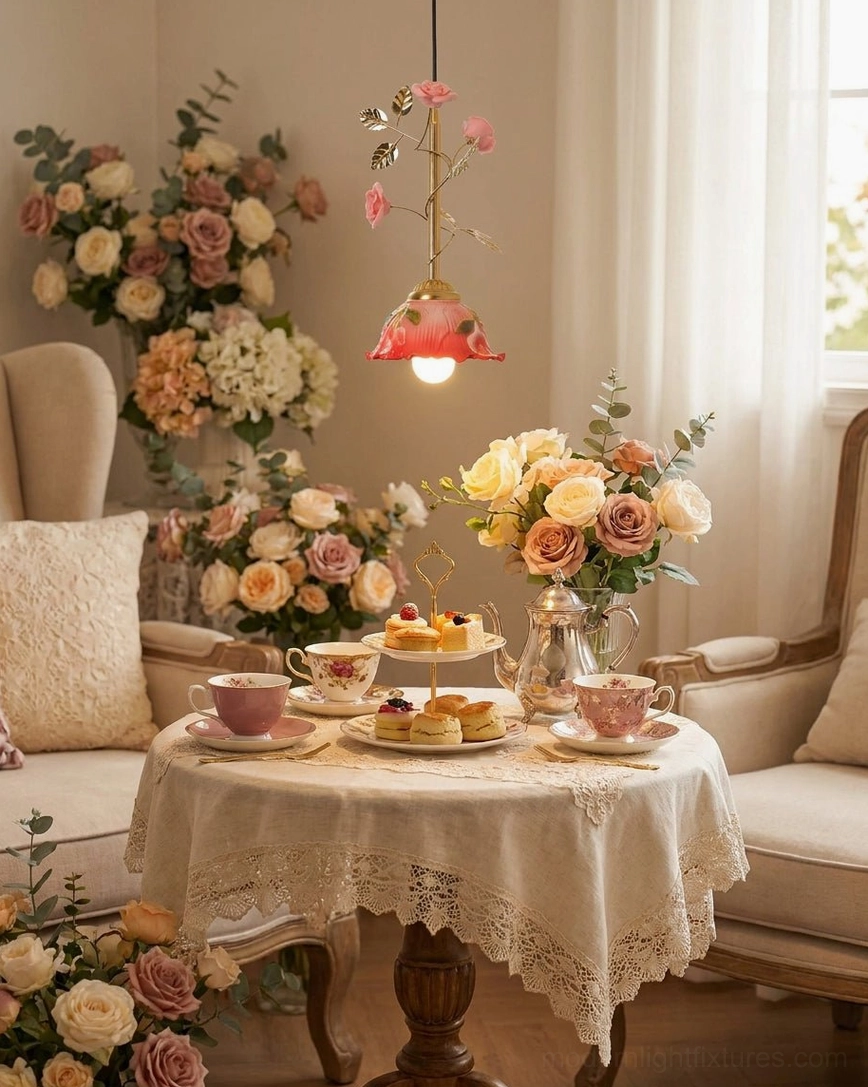 Rose pendant light fixture in dining room with fresh flower arrangements and afternoon tea setting
