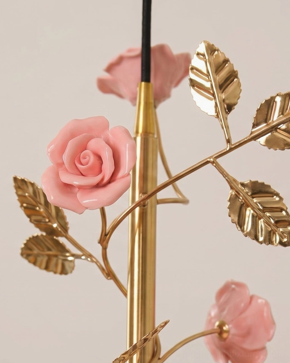Hand-finished ceramic rose pendant light with brass stem and ruffled shade for French country design