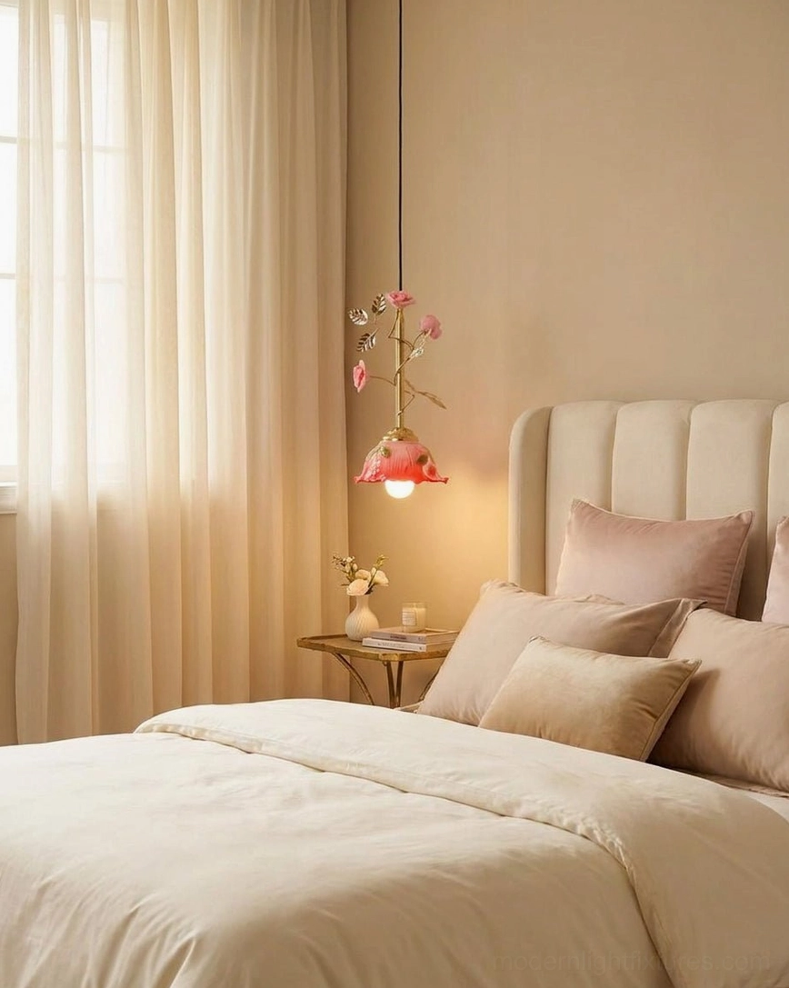 Bloomvelle pendant light installed in warm master bedroom with romantic French country decor