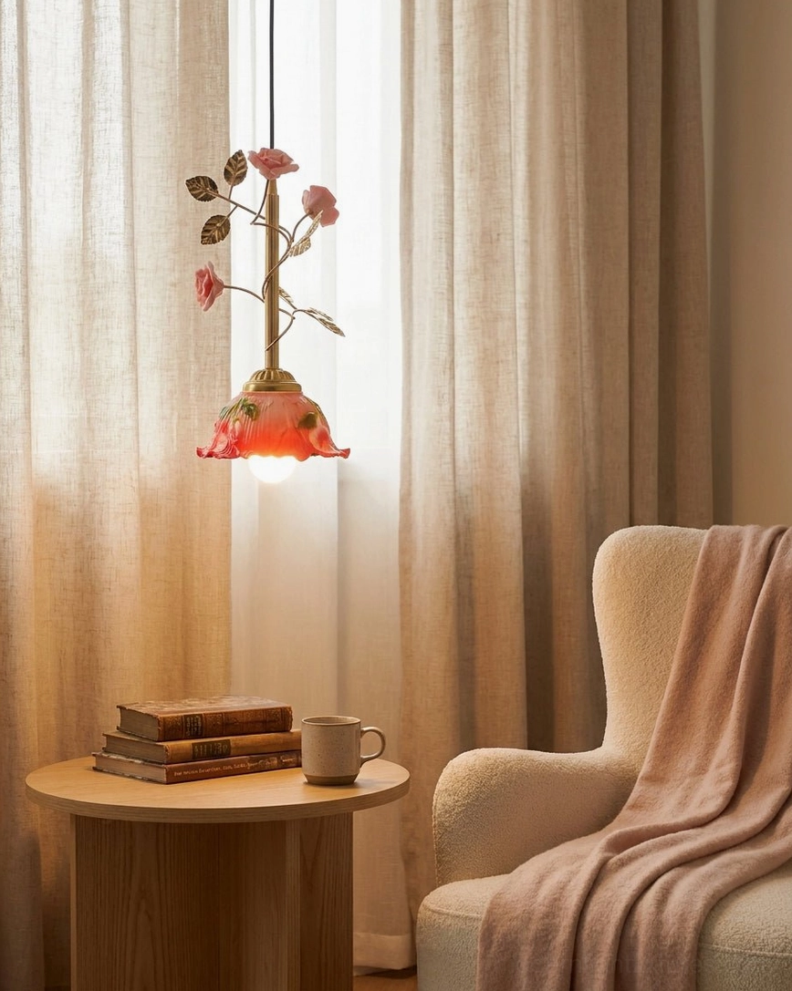 Rose branch pendant lamp in cozy reading nook corner with vintage botanical aesthetic