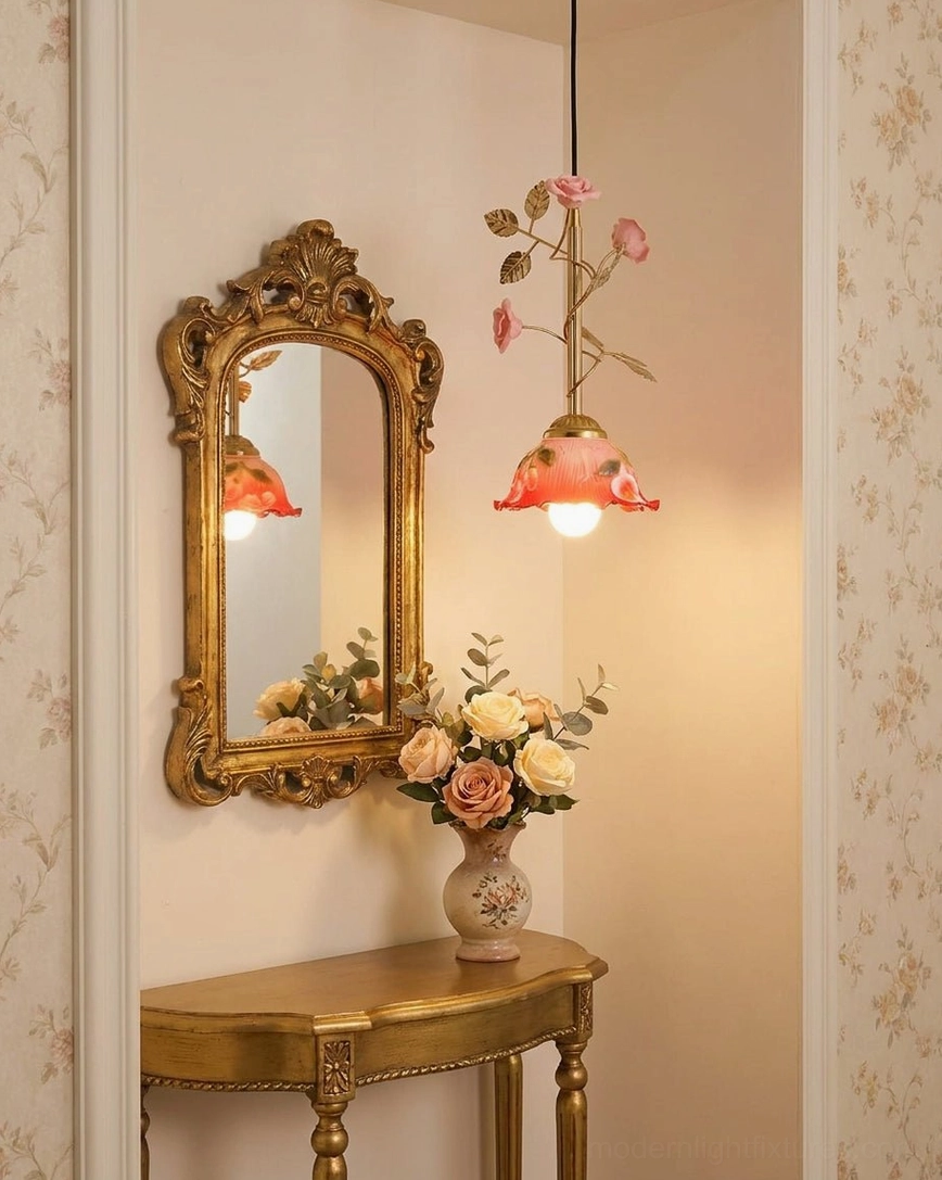 Bloomvelle rose pendant fixture showcasing brass metalwork and hand-painted ceramic shade detail