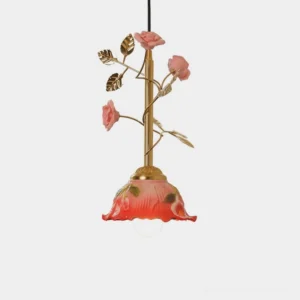 Bloomvelle rose branch pendant light with pink ceramic flowers and brass-tone stem against white background