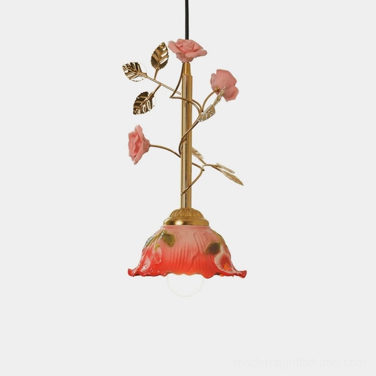 Bloomvelle rose branch pendant light with pink ceramic flowers and brass-tone stem against white background