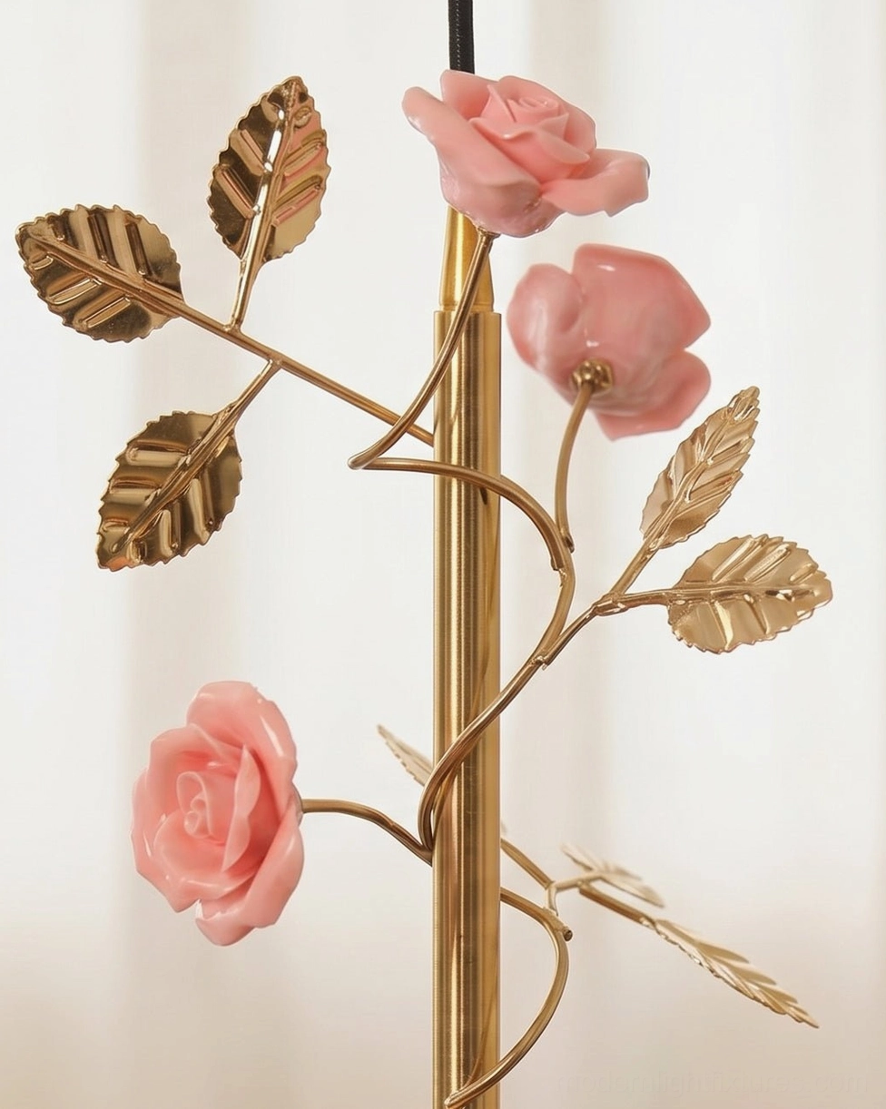 Botanical rose branch pendant lamp with soft warm glow in romantic interior setting