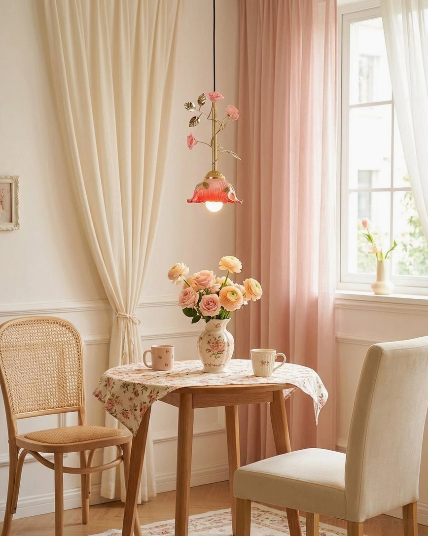 Floral pendant light hanging by window in casual dining nook with cottagecore home decor