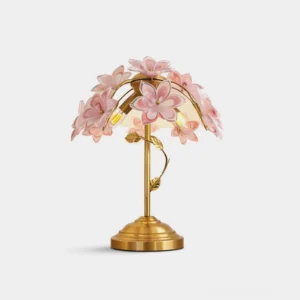 Blossira brass floral table lamp with sculpted glass flower blooms, front view studio photography